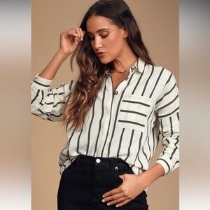 NWT Lulus Striped Button-Up 100% Cotton Blouse Black & White Long Sleeve Small